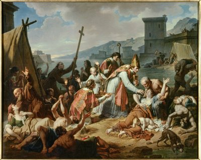 1720年にマルセイユで起こったペストの際のベルサンセ氏の死去。ニコラ・モンシオー（1754-1837）による絵画 作： Nicolas Andre Monsiau