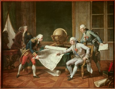 ラペルーズ伯爵ジャン＝フランソワ・ガラップ大尉（Jean Francois Laperouse）に指示を出すフランス国王ルイ16世（1754-1793）。 作： Nicolas Andre Monsiau