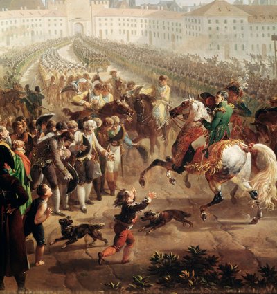1805年10月24日、ミュンヘンに入城するナポレオン・ボナパルト率いるフランス軍の姿。(詳細画像 作： Nicolas Antoine Taunay