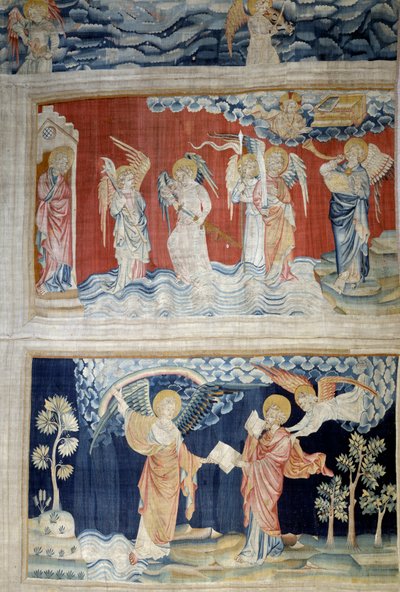 ヨハネの黙示録」（1373-1383）の掛け軸、n.25：第六のトランペット、ユーフラテスの天使たち。その下の第28段では、天使が聖ヨハネに書物を渡し、聖ヨハネは書物を貪る。ニコラ・バタイユ（1330-1405）のタペストリー 作： Nicolas Bataille