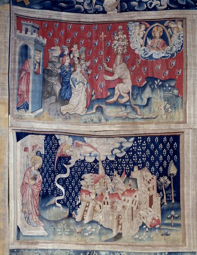 ヨハネの黙示録の吊り下げ（1373〜1383）、N.42：ベテの崇拝（？N. 49: バビロンの崩壊。ニコラ・バタイユ（1330-1405）のタペストリー 作： Nicolas Bataille