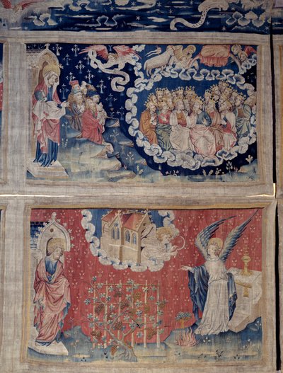 ヨハネの黙示録」（1373-1383）の掛け軸、n.48：子羊の昇天、選ばれし者の歌声。下の54番では、天使が鋭い鎌を持って神殿から出てきて、別の天使が地上の葡萄畑の房を収穫するように命じている。ニックのタペストリー 作： Nicolas Bataille