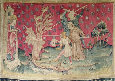 神のしもべと戦うドラゴン、いいえ。 39「怒りの黙示録」、1373-87（タペストリー） 作： Nicolas Bataille