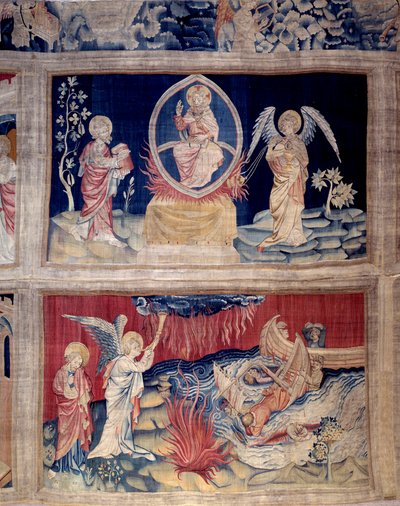 ヨハネの黙示録の幕（1373年～1383年）15番と18番：神と聖ヨハネは災いを見て泣いています。ニコラ・バタイユ（1330-1405）のタペストリー 作： Nicolas Bataille