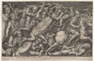 ダキア人と戦うローマの兵士、馬と馬との浅い深さでの戦闘シーン、1553. 作： Nicolas Beatrizet