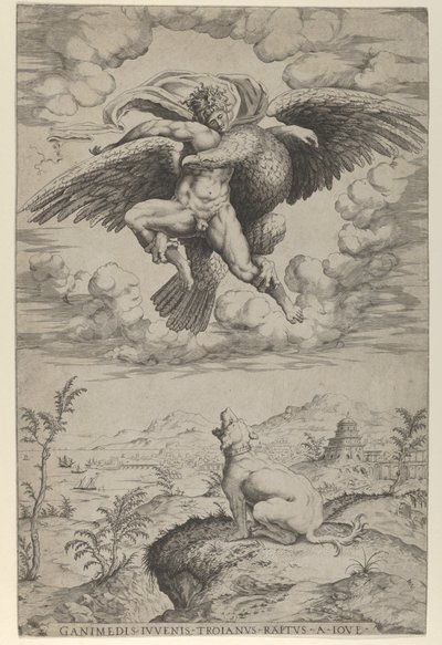 木星によるガニメデのレイプは、彼を天に運ぶワシの姿で、こんにちは...、1542年. 作： Nicolas Beatrizet