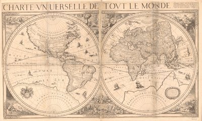 絵で示されているレリーフ。 メモが含まれています。 イラストには、エデンの園と最後の審判の画像と、シートの隅にある 4 つの寓話的な人物が含まれています。 4枚から組み立てます。 布に一緒にマウントされた 2 枚の LC コピー。 折り線 作： Nicolas Berey