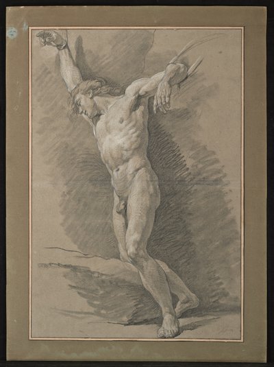 裸の男のアカデミー、ロープで縛られた腕 (灰色の紙に黒と白のチョーク) 作： Nicolas Bernard Lepicie
