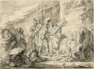 アンキーセスの墓のアエネアス（右）。 Anchises の書の Aeneas (詩) 作： Nicolas Bernard Lepicie