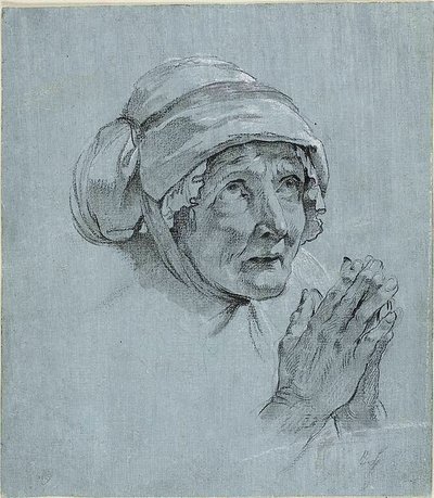 見上げる老女の頭と手の習作 作： Nicolas Bernard Lepicie
