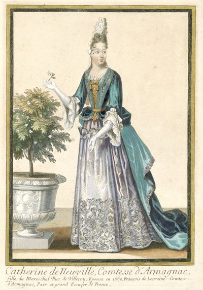 フランスのファッションを広めるフランス版画 : アルマニャック伯爵夫人カトリーヌ・ド・ヌーヴィルの肖像 アルマニャック伯爵夫人、カトリーヌ・ド・ヌーヴィルは、フランスのファッションに合わせて着飾っています。 1685年 作： Nicolas Bonnart (fils)