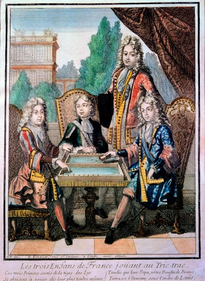 ルイ14世（1638年～1715年）の孫、ブルゴーニュ公ルイ（1712年没）、アンジュー公フィリップ（1683年～1746年）、ベリー公シャルルが父ルイ（1711年没）と一緒に、フランスのドルフィンであるトリック・トラック（TrictracまたはTrictrac：バックガの祖先）を演奏している様子。 作： Nicolas Bonnart