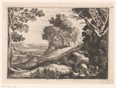2 つのヤギ飼いのいる丘陵の風景 理想化された風景 (シリーズ タイトル) 作： Nicolas Cochin (attributed to)