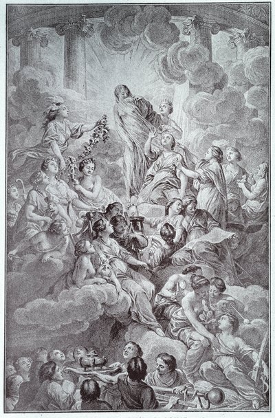 コシャンによる「ドゥニ・ディドロ（1713-1784）とジャン・ル・ロンド・ダランベールの百科事典」の正面図（「理性」のアレゴリー？ 作： Nicolas Cochin