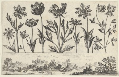 風景の中の人物を描いたフリーズの上に一列に並んだ花の水平パネル、Li...、1645年作。 作： Nicolas Cochin