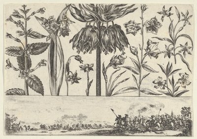 フリーズの上に花が一列に並んだ水平パネル、風景の中の戦闘シーン、...、1645年。 作： Nicolas Cochin