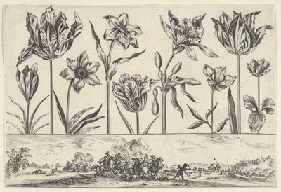 フリーズの上に花が一列に並んだ水平パネル、風景の中の戦闘シーン、...、1645年。 作： Nicolas Cochin