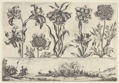 フリーズの上に花が一列に並んだ水平パネル、風景の中の戦闘シーン、...、1645年。 作： Nicolas Cochin