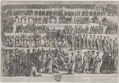 聖職者と信徒が 6 列に並んで行進する、聖ジュヌヴィエーヴの棺の行列、1652 年。 作： Nicolas Cochin