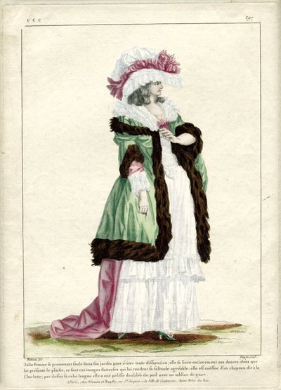 Gallerie des Modes et Costumes Francais、1785年、CCC 297：一人で歩いているきれいな女性... 作： Nicolas Dupin