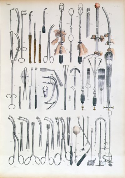 扁桃腺手術のための手術器具、ジャンバティストマルクブールジュリー（1797-1849）1866-67による「Traite Complet de l&39;Anatomie de l&39;Homme」のプレート 作： Nicolas Henri Jacob