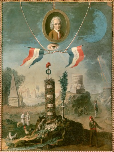 革命のアレゴリースイスの哲学者、ジャン・ジャック・ルソー（1712-1778）の肖像と革命のシンボル。ニコラ・アンリ・ジョーラ・ド・ベルトリー（1728-1796年頃）の作品 作： Nicolas Henri Jeaurat de Bertry