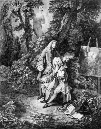 画家ジャン・アントワーヌ・ワトー（1684-1721）と友人ジャン・ドゥ・ジュリエンヌ（1686-1766）、ニコラ・アンリ・タルデューのエングレーヴィング 作： Nicolas Henri Tardieu
