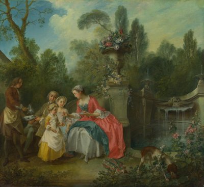 1742年頃、子供とコーヒーを飲む庭の女性 作： Nicolas Lancret