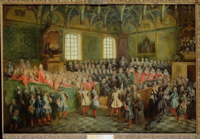 1723年2月22日、ルイ15世（1710-74）の大多数の国会で正義のベッドが開催されました。 作： Nicolas Lancret