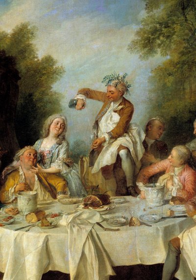ハムの朝食。貴族のハムを囲んだ田舎の宴会のシーン。詳細。ニコラ・ランクレ（1690-1743）の絵画 1735年。日 1,8x1,2 m シャンティ、コンデ美術館 作： Nicolas Lancret