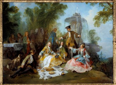 狩りの食事。ニコラ・ランクレ（1690-1743）による絵画 作： Nicolas Lancret