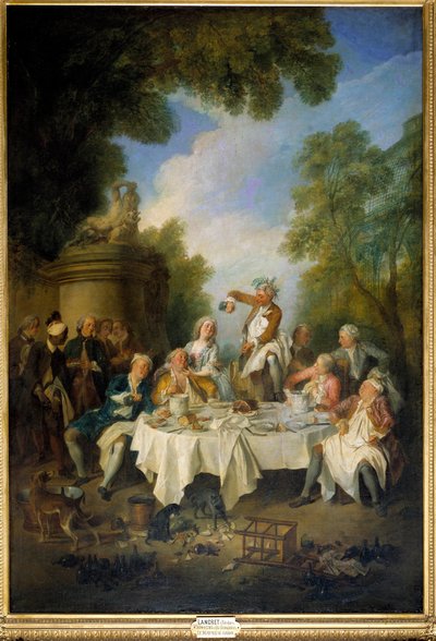 生ハムのシーン 貴族の生ハムを囲んだ田舎の宴の昼食。ニコラ・ランクレ（1690-1743）の絵画 1735年。日 1,8x1,2 m シャンティイ、コンデ美術館 作： Nicolas Lancret
