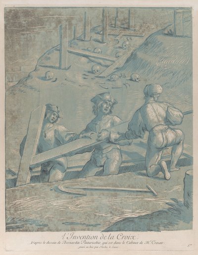 十字架の発明、塹壕から十字架を持ち上げる 3 人の男性。 1729-64。 作： Nicolas Le Sueur