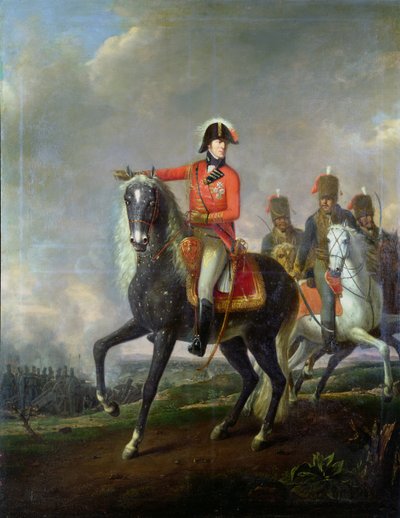 1814年の戦場でのイギリス騎兵とウェリントン公爵の乗馬の肖像 作： Nicolas Louis Albert Delerive