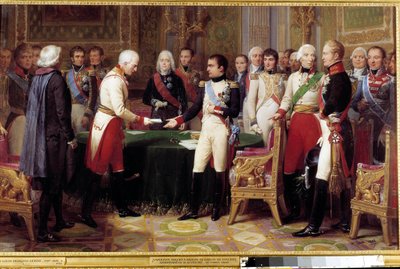 1808年9月27日から10月14日までのエアフルトでの会見。ナポレオン1世がオーストリアの外交官ヴィンセント男爵を迎え、オーストリア皇帝から派遣される。2人の人物の間には、シャルル・モーリス・ド・タレーラン・ペリゴール（1754-1838）が描かれています。痛み 作： Nicolas Louis Francois Gosse