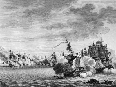 フランス革命と反革命運動の戦争。6月3日、ルノーディン艦長率いるフランス船「Avenger de Peuple」の戦い 作： Nicolas Marie (after) Ozanne