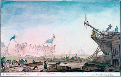 ブレストでの船の進水、c1750-1810 作： Nicolas Marie Ozanne