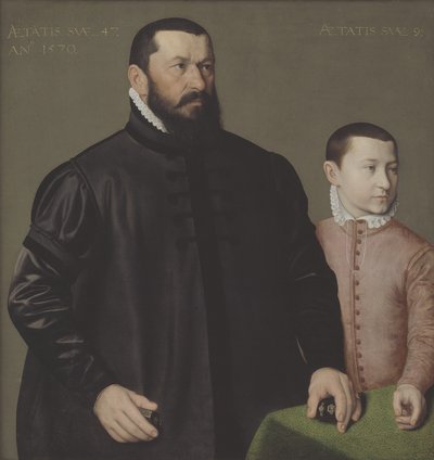 ニュルンベルクの金細工師ハンス・レンカー (1523-1585) と彼の 9 歳の息子エリシウスの肖像 作： Nicolas Neufchatel
