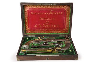 シルバーマウントのライフル付きフリントロックピストル、ベルサイユ、1825 作： Nicolas Noel Boutet