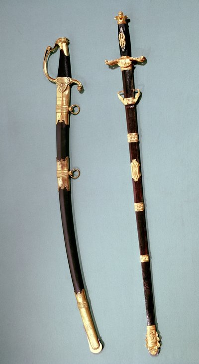 ナポレオンボナパルトによって与えられた、18のブルメア8（1799年11月9日）のセントクラウドでのクーデター成功の手助けをしたために贈られた記念の剣と、総司令官の両刃の剣（私 作： Nicolas Noel Boutet