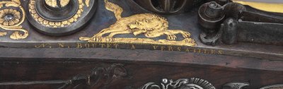 シルバーマウントのライフル付きフリントロックピストルの1つ、ベルサイユ、1825年の詳細 作： Nicolas Noel Boutet