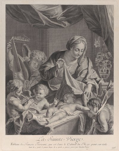 眠っているキリストの子供の上に布を持っている聖母、音楽の天使と... 1729年。 作： Nicolas Pigne