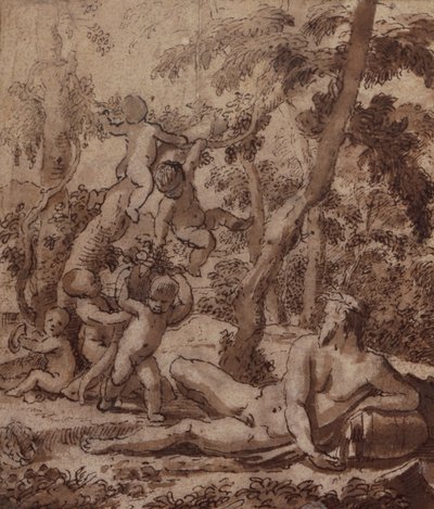 川の神とプッチのある森の風景 (ペンとインク) 作： Nicolas Poussin