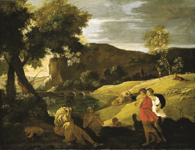 パンとバッカスの伝説の物語が描かれたアルカディアの風景 (キャンバスに油彩) 作： Nicolas Poussin