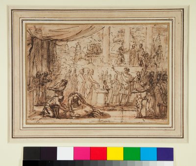 寺院でのアンティークの犠牲（ペンと茶色のインクと赤いチョークの上に茶色のウォッシュ） 作： Nicolas Poussin