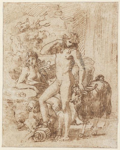 バッカスとエリゴーネ（紙にペンでインクを塗ったもの） 作： Nicolas Poussin