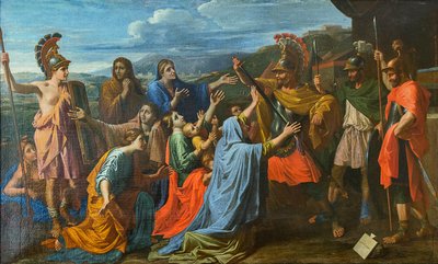 1652年頃、コリオラヌスはコリオラヌスの足元でローマ ヴェトゥリアを惜しまないよう家族に説得された。 作： Nicolas Poussin