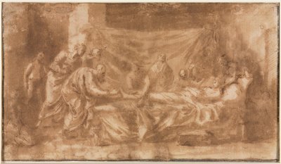 Extreme Unction recto、Three Heads and Other Sketches verso、1643-1644。 作： Nicolas Poussin
