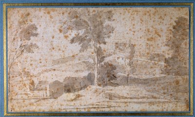中央に大きな木とベルヴェデーレのある風景 作： Nicolas Poussin