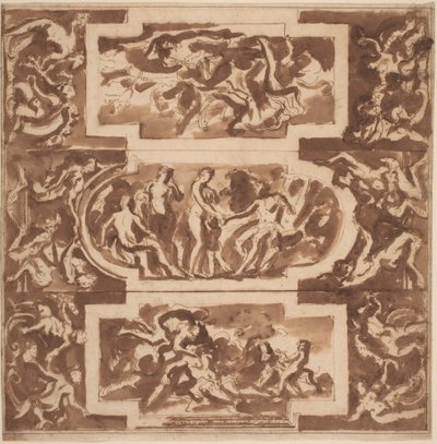 天井のモデロ: ダイアナとデッド エンディミオン、パリスの審判、アドニスの死 作： Nicolas Poussin